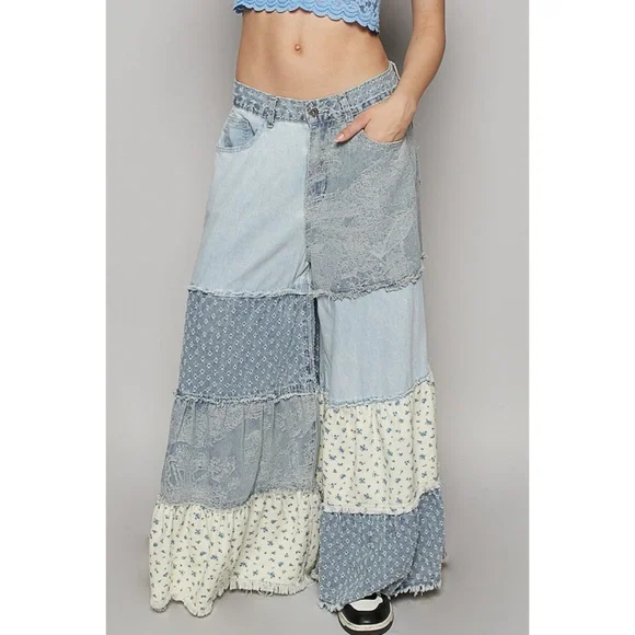 POL Patchwork Tiered Ruffle Exaggerated Wide Leg Jeans Relaxed Fit - Picture 1 of 9